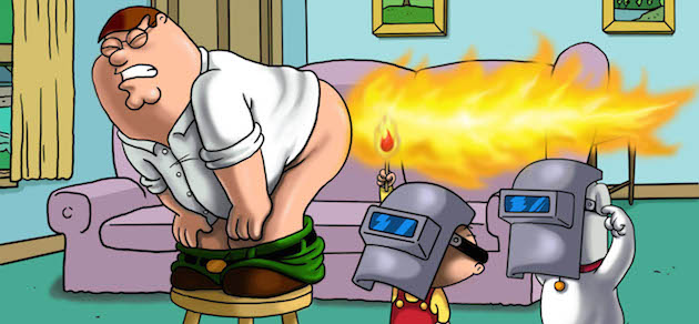 Family Guy hero Peter farts a flame - funny cartoon